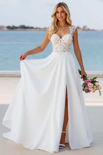 Ivory Spaghetti Straps Appliqued Wedding Dress with Slit
